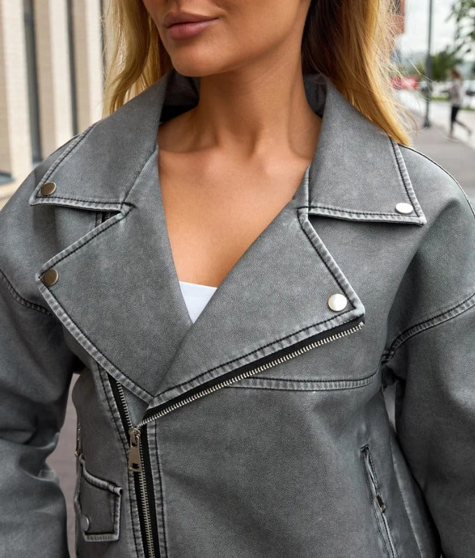 Women's Premium Grey Sheep Leather Biker Jacket – Vintage Moto Style, Soft & Durable Finish