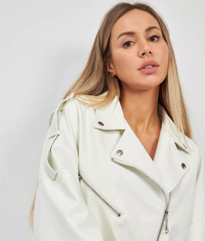 Women’s White Sheep Leather Biker Jacket – Premium Soft Leather Moto Style