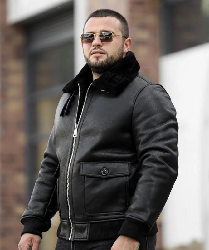 Men’s Black Shearling Collar Leather Jacket | Winter Bomber Outerwear