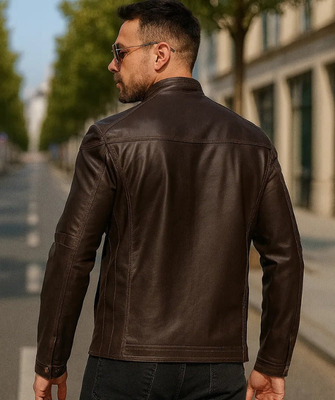 Men’s Brown Sheepskin Leather Jacket – Classic Café Racer Style with Front Zipper Pockets