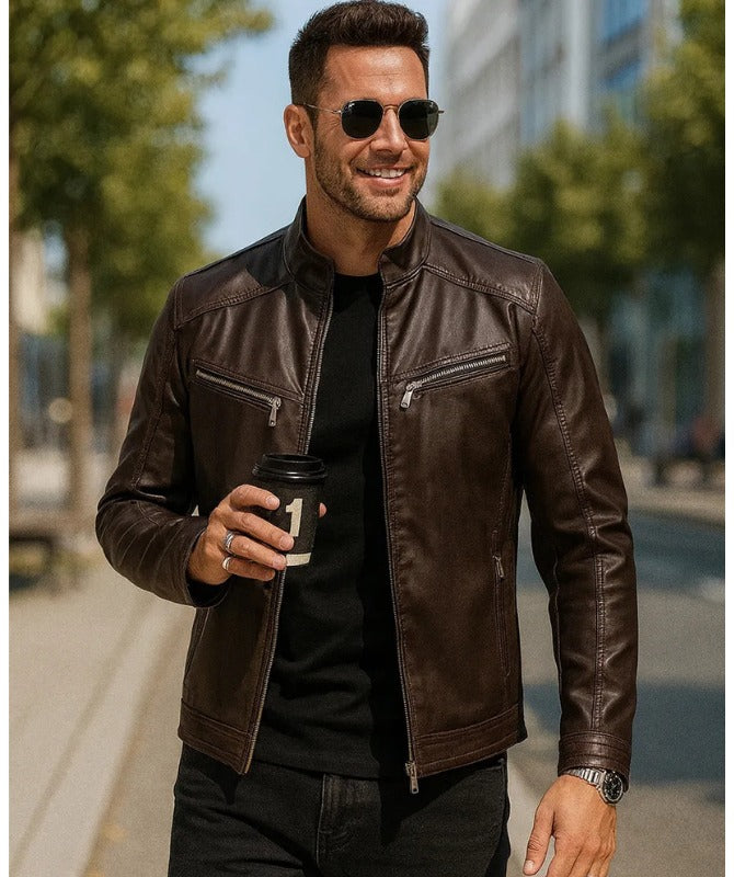 Men’s Brown Sheepskin Leather Jacket – Classic Café Racer Style with Front Zipper Pockets