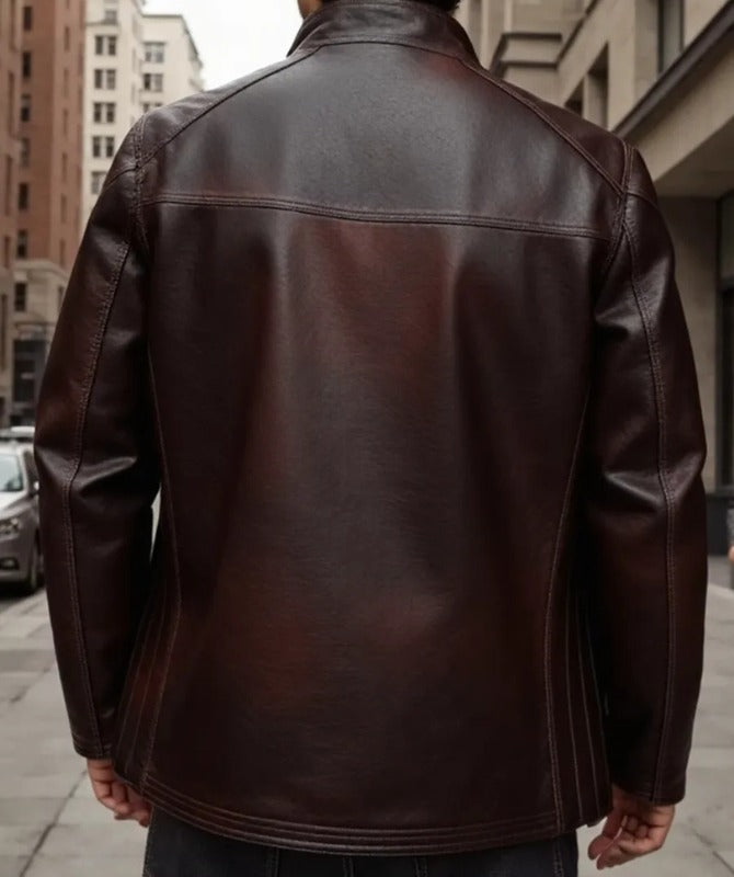 Men’s Dark Brown Sheepskin Leather Jacket – Classic Café Racer Style with Front Zipper Pockets