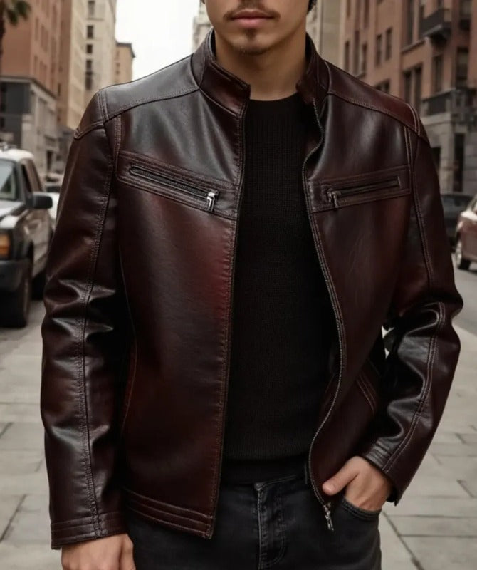 Men’s Dark Brown Sheepskin Leather Jacket – Classic Café Racer Style with Front Zipper Pockets