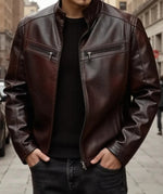 Men’s Dark Brown Sheepskin Leather Jacket – Classic Café Racer Style with Front Zipper Pockets