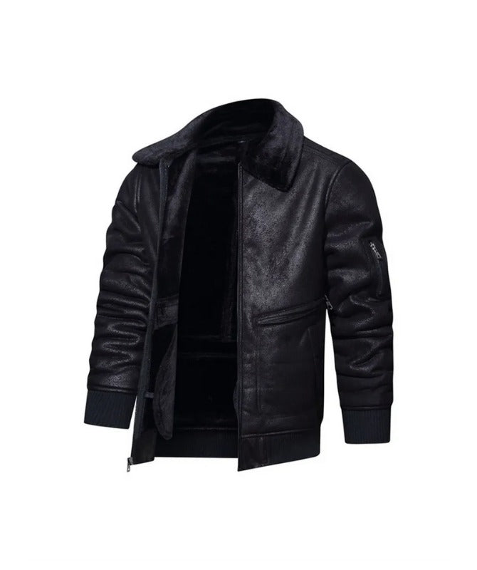 Men’s Black Shearling Lined Leather Jacket | Warm Winter Bomber Coat