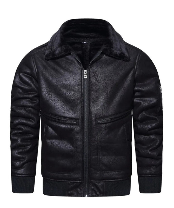 Men’s Black Shearling Lined Leather Jacket | Warm Winter Bomber Coat