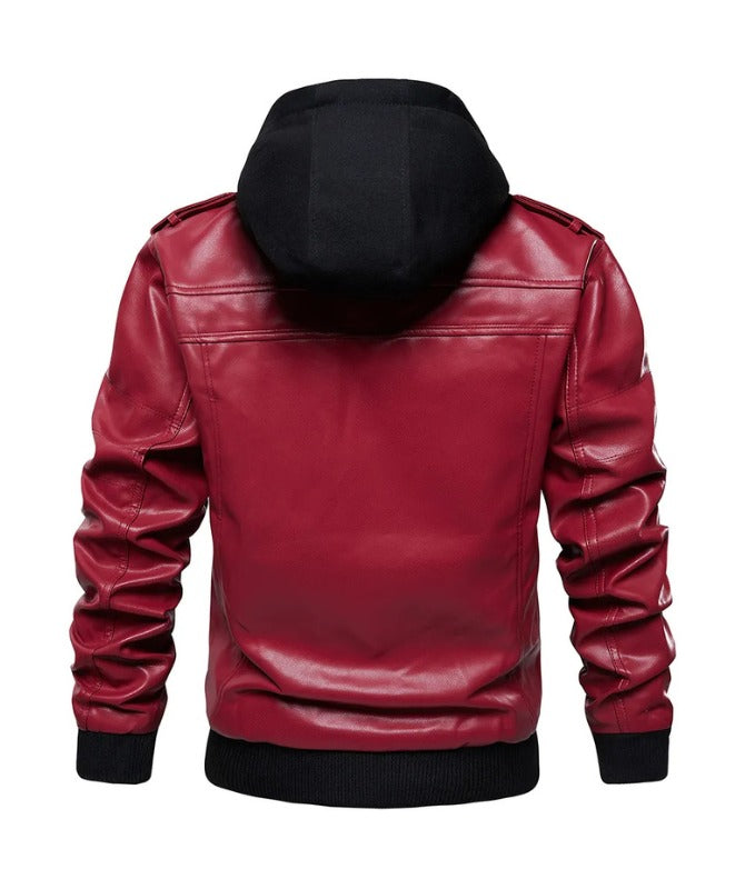 Men’s Red Faux Leather Hooded Jacket | Stylish Streetwear Outerwear