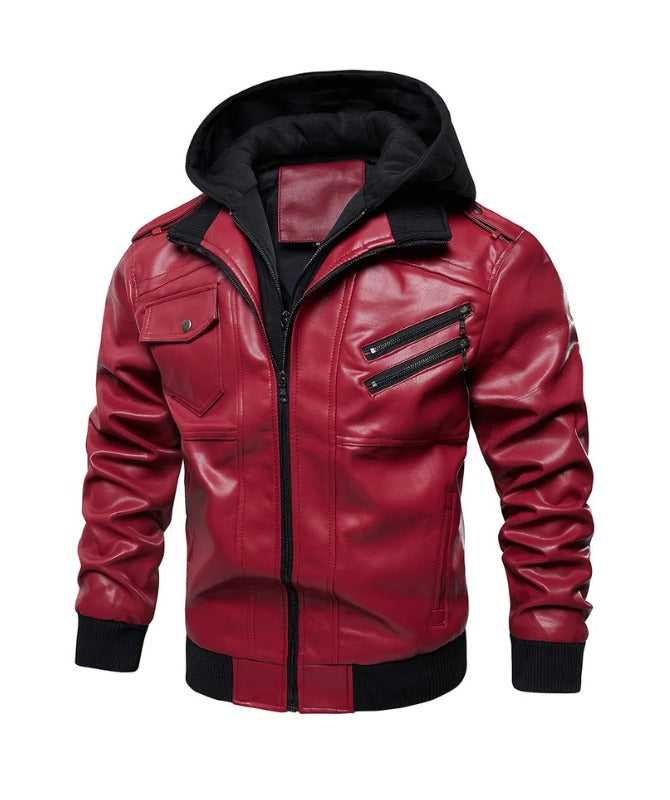 Men’s Red Faux Leather Hooded Jacket | Stylish Streetwear Outerwear