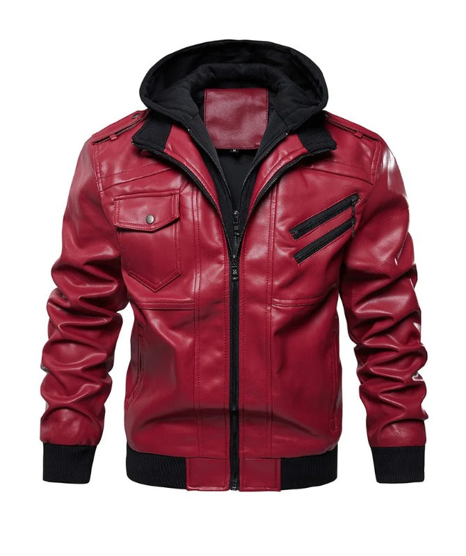 Men’s Red Faux Leather Hooded Jacket | Stylish Streetwear Outerwear