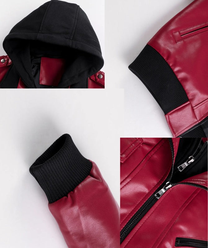 Men’s Red Faux Leather Hooded Jacket | Stylish Streetwear Outerwear