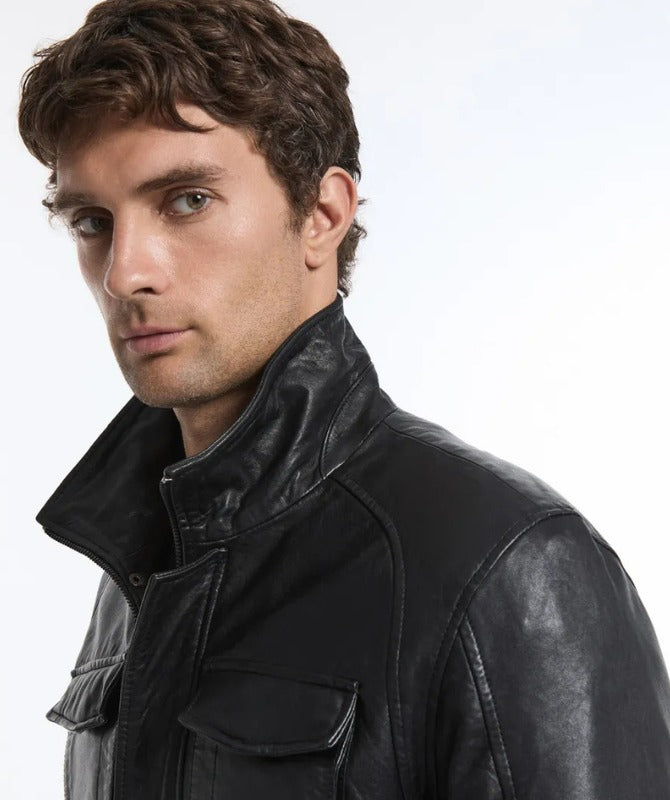 Men’s Premium Black Sheep Leather Field Jacket – Classic 4-Pocket Design