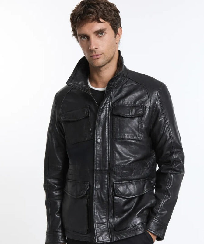 Men’s Premium Black Sheep Leather Field Jacket – Classic 4-Pocket Design