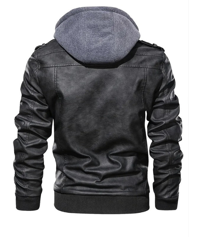 Men’s Black Faux Leather Biker Jacket with Hood | Stylish Motorcycle Outerwear