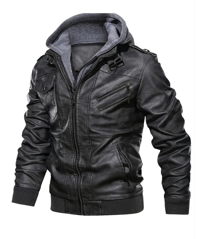 Men’s Black Faux Leather Biker Jacket with Hood | Stylish Motorcycle Outerwear