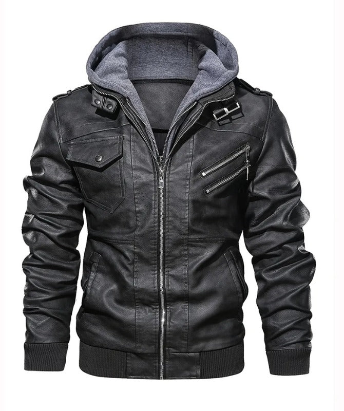 Men’s Black Faux Leather Biker Jacket with Hood | Stylish Motorcycle Outerwear