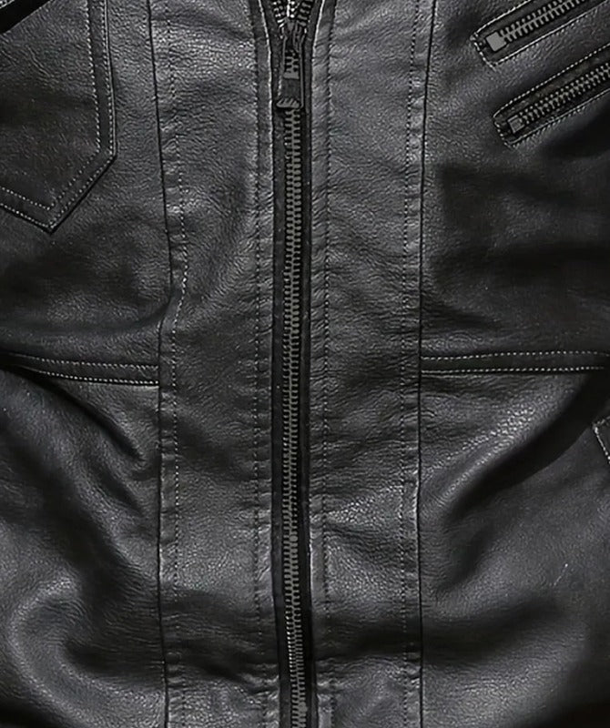 Men’s Black Faux Leather Biker Jacket with Hood | Stylish Motorcycle Outerwear