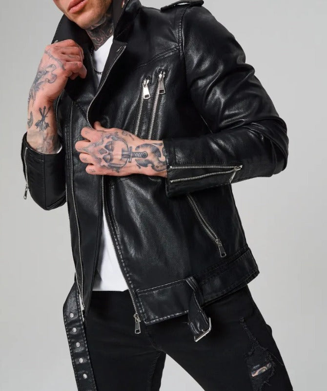 Men’s Classic Black Leather Biker Jacket | Stylish Slim Fit Motorcycle Outerwear