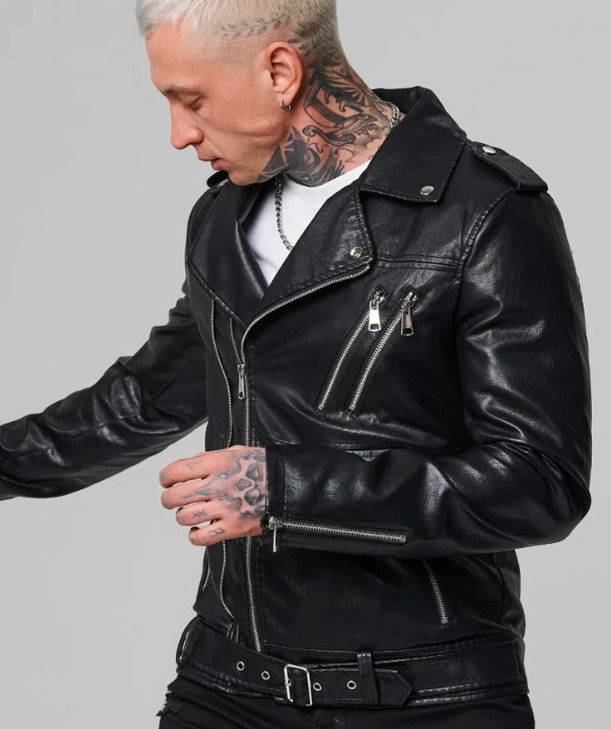 Men’s Classic Black Leather Biker Jacket | Stylish Slim Fit Motorcycle Outerwear