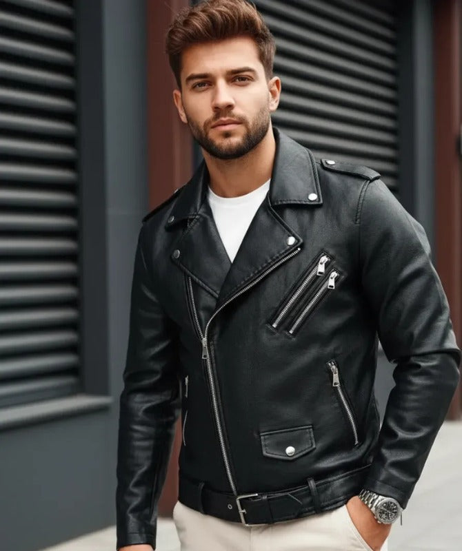 Men’s Classic Black Leather Biker Jacket | Stylish Slim Fit Motorcycle Outerwear