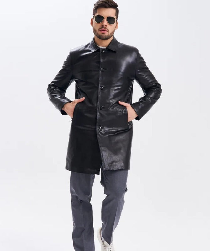 Men’s Black Sheep Leather Overcoat – Classic Button-Up Long Leather Jacket