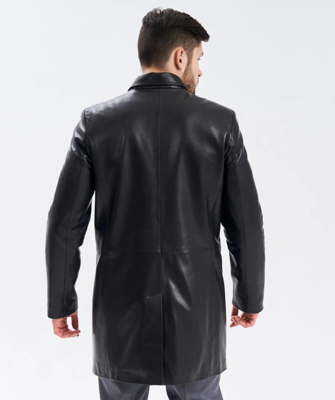 Men’s Black Sheep Leather Overcoat – Classic Button-Up Long Leather Jacket