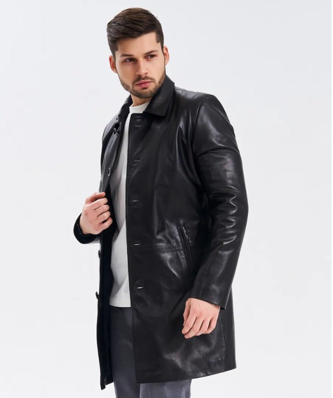 Men’s Black Sheep Leather Overcoat – Classic Button-Up Long Leather Jacket