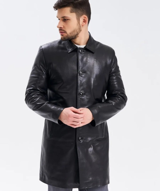Men’s Black Sheep Leather Overcoat – Classic Button-Up Long Leather Jacket