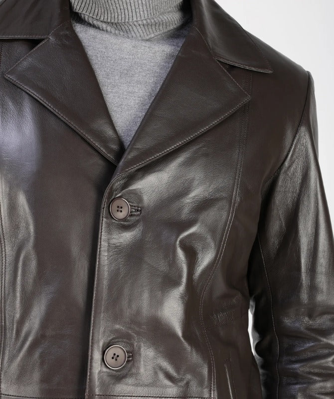 Men’s Brown Sheep Leather Coat – Classic Button-Up Mid-Length Leather Jacket