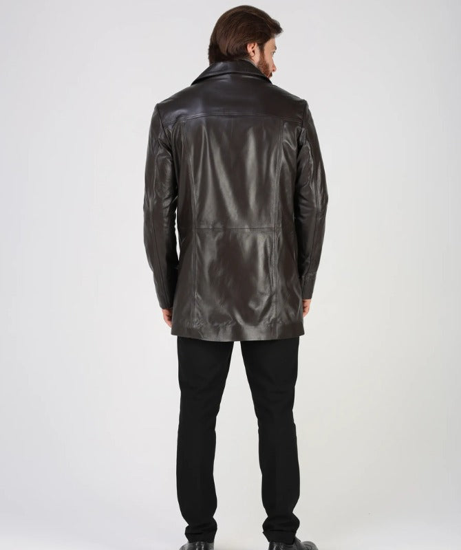 Men’s Brown Sheep Leather Coat – Classic Button-Up Mid-Length Leather Jacket