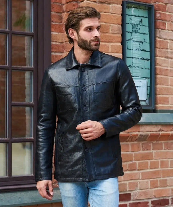 Men’s Black Sheep Leather Coat – Classic Button-Up Mid-Length Leather Jacket