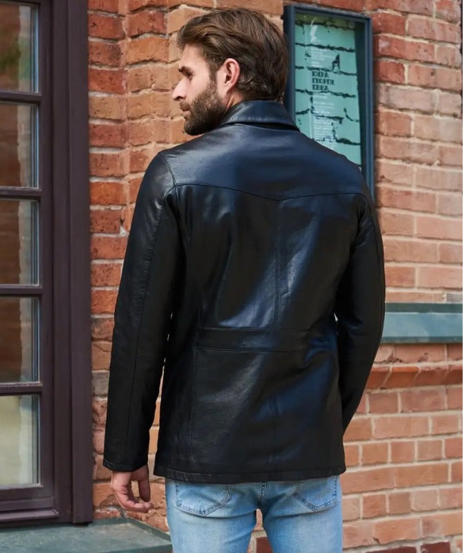 Men’s Black Sheep Leather Coat – Classic Button-Up Mid-Length Leather Jacket