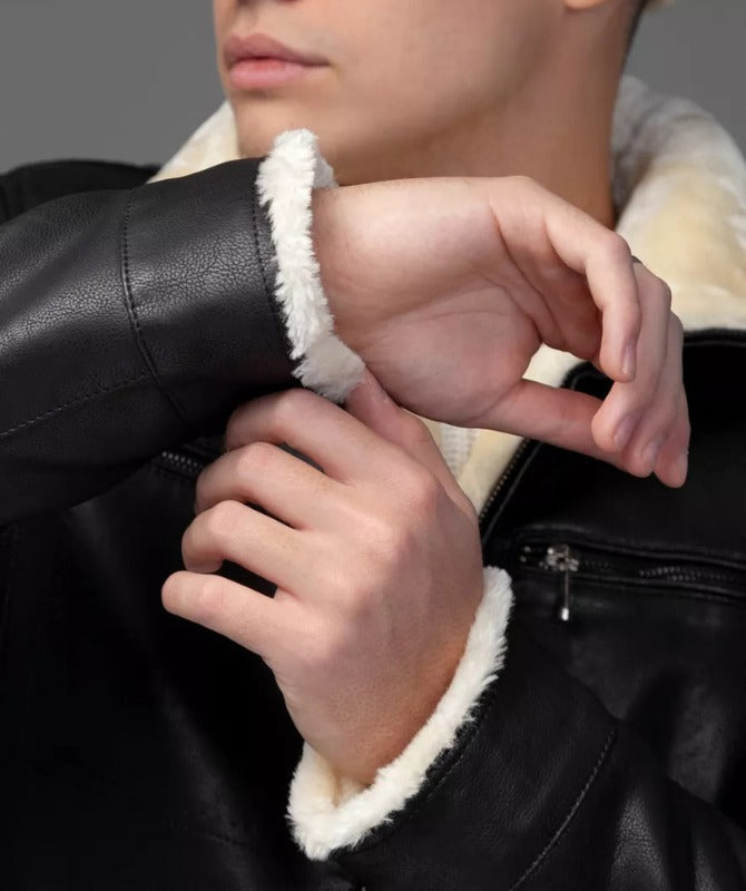 Men’s Black Shearling Leather Jacket – Genuine Sheep Leather with Faux Fur Lining