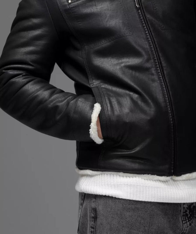 Men’s Black Shearling Leather Jacket – Genuine Sheep Leather with Faux Fur Lining