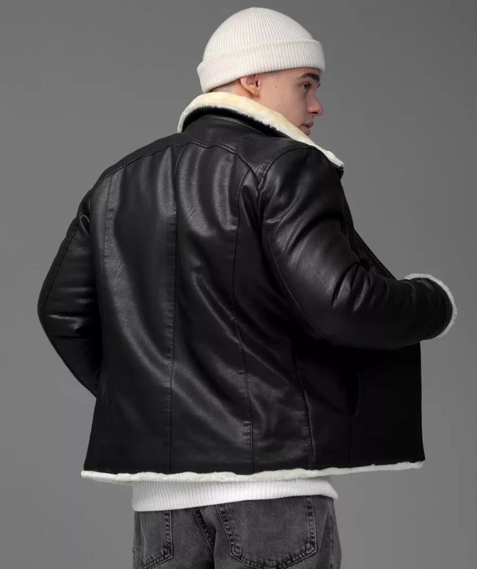 Men’s Black Shearling Leather Jacket – Genuine Sheep Leather with Faux Fur Lining