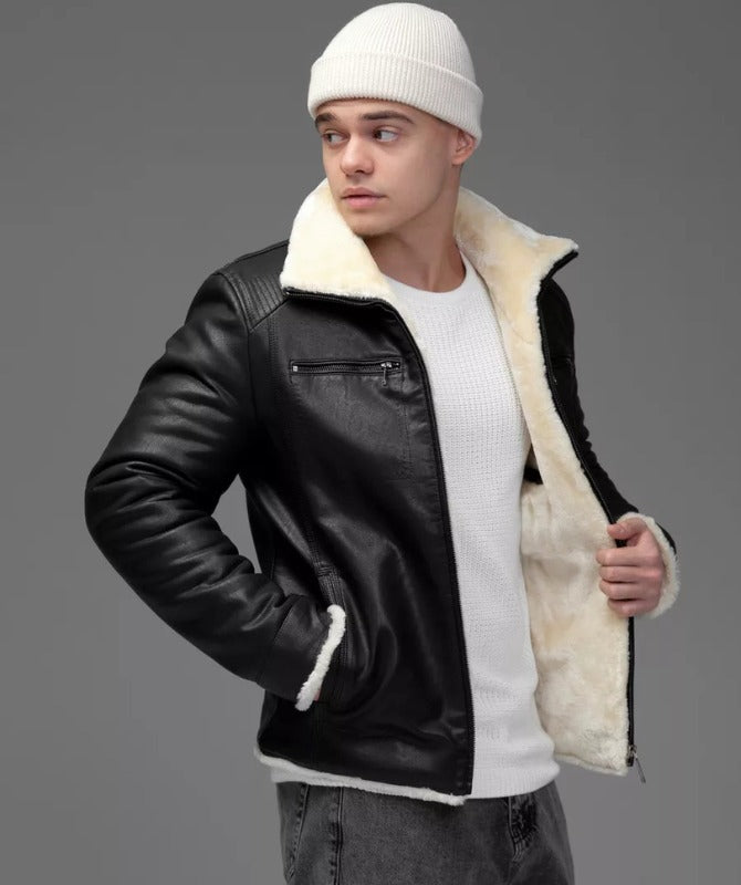 Men’s Black Shearling Leather Jacket – Genuine Sheep Leather with Faux Fur Lining
