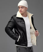Men’s Black Shearling Leather Jacket – Genuine Sheep Leather with Faux Fur Lining
