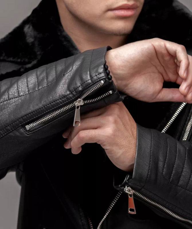 Men’s Black Shearling Biker Jacket – Genuine Sheep Leather with Fur Lining