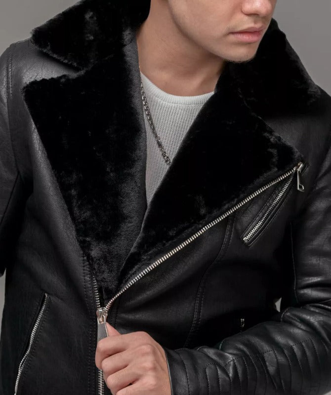 Men’s Black Shearling Biker Jacket – Genuine Sheep Leather with Fur Lining