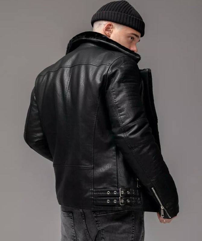 Men’s Black Shearling Biker Jacket – Genuine Sheep Leather with Fur Lining
