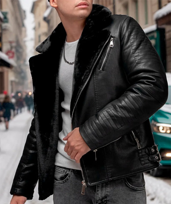 Men’s Black Shearling Biker Jacket – Genuine Sheep Leather with Fur Lining