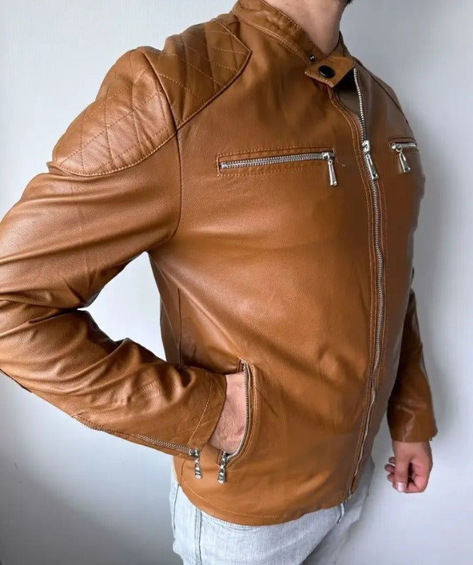 Men’s Brown Leather Jacket | Stylish Slim Fit Biker Jacket for All Seasons