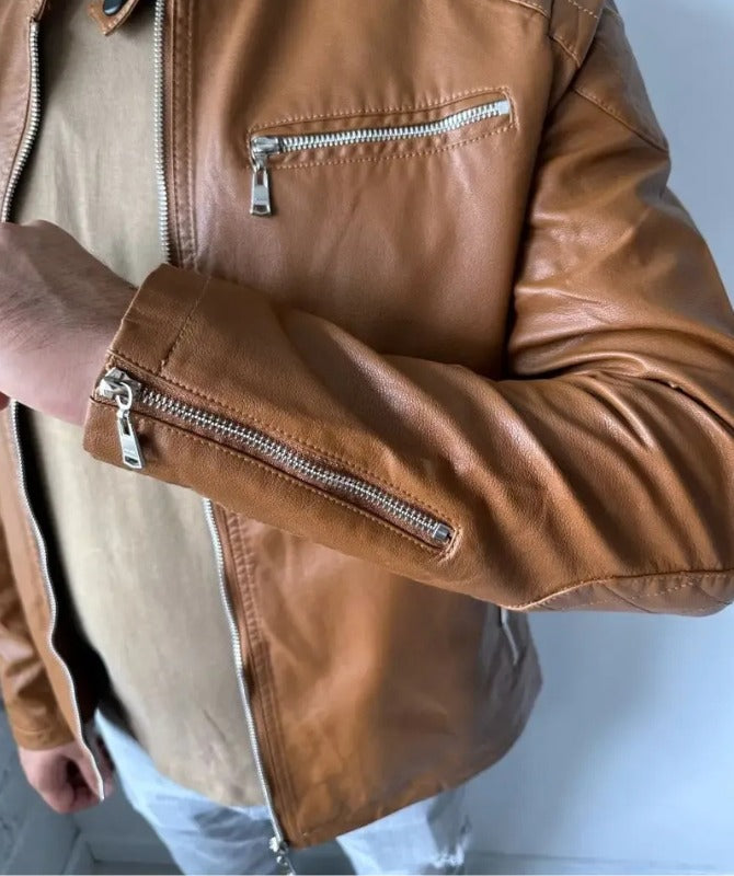 Men’s Brown Leather Jacket | Stylish Slim Fit Biker Jacket for All Seasons