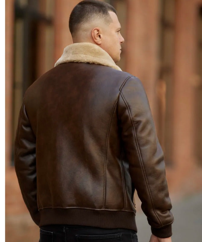 Men’s Brown Aviator Bomber Jacket – Genuine Sheep Leather with Shearling Collar