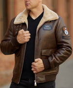 Men’s Brown Aviator Bomber Jacket – Genuine Sheep Leather with Shearling Collar