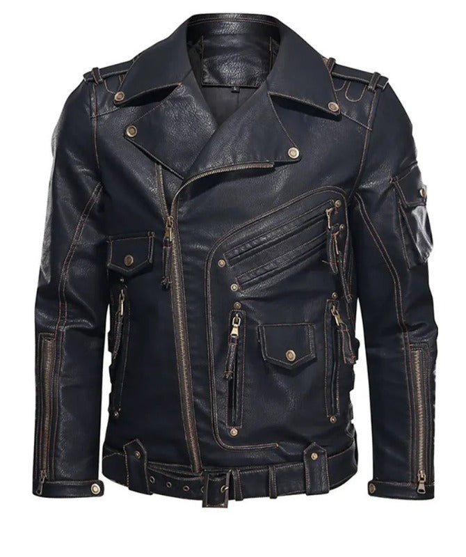 Men’s Black Biker Leather Jacket | Classic Motorcycle Jacket with Zipper & Belt Design
