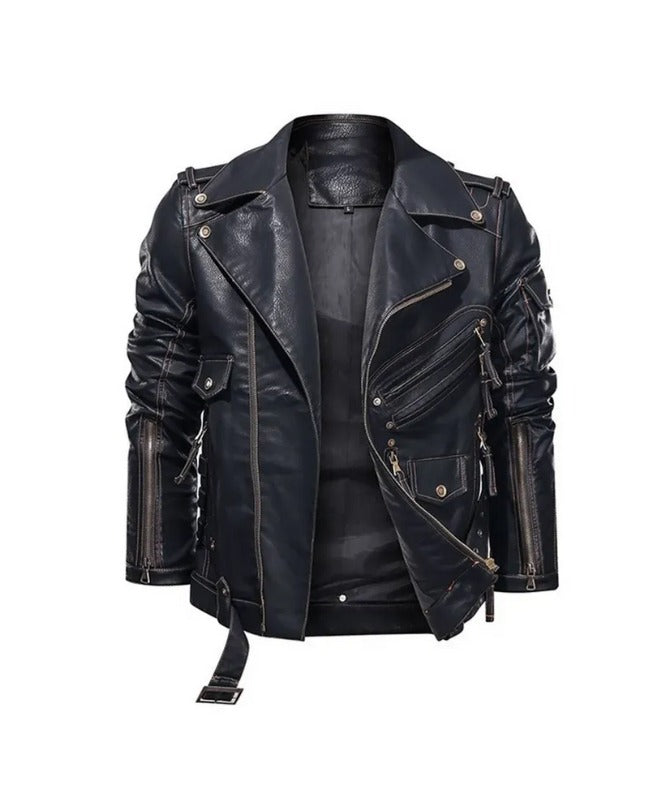 Men’s Black Biker Leather Jacket | Classic Motorcycle Jacket with Zipper & Belt Design