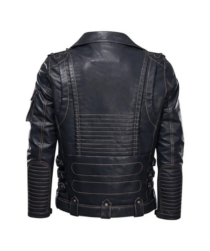 Men’s Black Biker Leather Jacket | Classic Motorcycle Jacket with Zipper & Belt Design