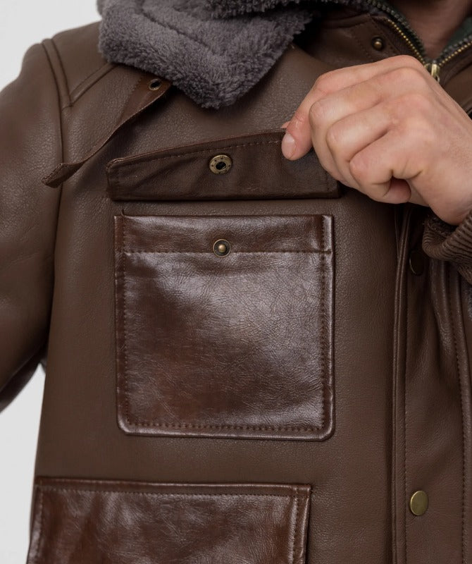 Men’s Brown Shearling Aviator Jacket – Genuine Sheep Leather Winter Bomber