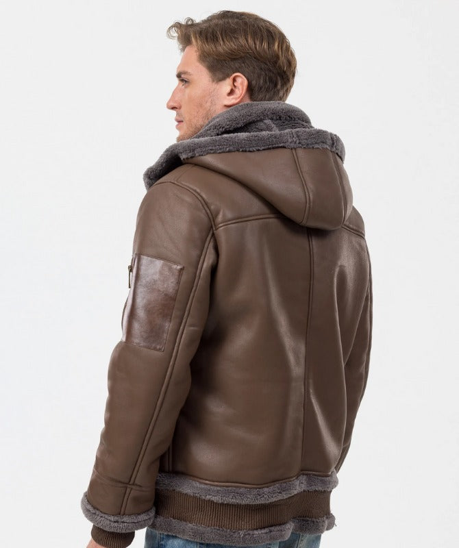 Men’s Brown Shearling Aviator Jacket – Genuine Sheep Leather Winter Bomber