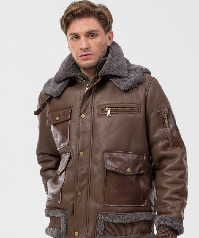 Men’s Brown Shearling Aviator Jacket – Genuine Sheep Leather Winter Bomber